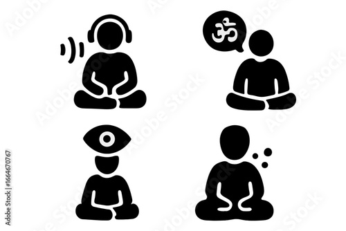 Solid glyph icons set of meditation techniques. Collection of mindfulness symbols including guided meditation, mantra, visualization, and breathing exercises. Vector pack for wellness.