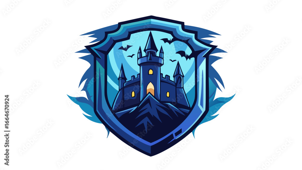 Fototapeta premium Mysterious Blue Castle Emblem with Bats and Spiky Border - Ethereal Fantasy Logo Design