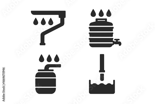 Rainwater Harvesting Icons Solid Filled Vector Set of 4 Includes Rain Gutter, Water Tank, Collection Pipe, Sustainable Water Conservation Equipment Illustration on Transparent Background