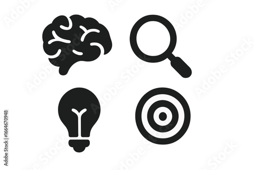 Mental focus solid icon collection. Brainstorming, research, idea and goal symbols. Concepts for concentration, clarity, problem solving, business strategy, and psychology.