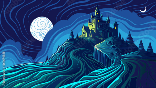 Mystical Castle on a Hill Under a Swirling Moon and Crescent Moon - Fantasy Night Landscape