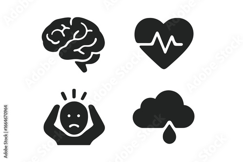 Mental health icons. Brain, heart pulse, stress, depression symbol. Psychology, anxiety, panic attack, mood disorder, sadness, pressure. Solid glyph vector illustration set.