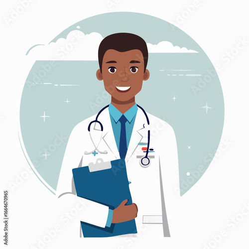Smiling African American Doctor Holding Clipboard and Stethoscope
