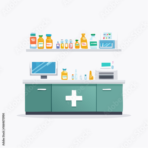 Teal Medical Lab Countertop with Assorted Vials and Monitor