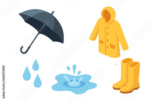 Rainy Day Essentials Vector Set, Isometric Flat Design with Umbrella, Yellow Raincoat, Waterproof Boots, Raindrops and Puddle Splash, Weather Protection Gear Illustration