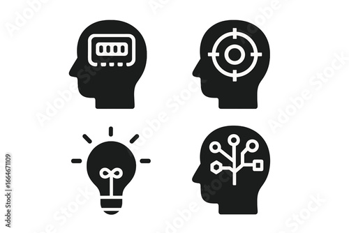 Mental process solid icons. Head with memory, focus target, idea lightbulb, neural network. Psychology, creativity, AI, decision-making, mind, brain vector symbols.