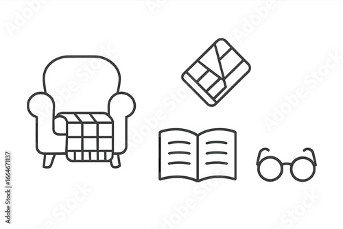 Cozy reading nook icon set with armchair, lap blanket, open book, and reading glasses. Outline vector illustration for home comfort, relaxation, and leisure concepts.