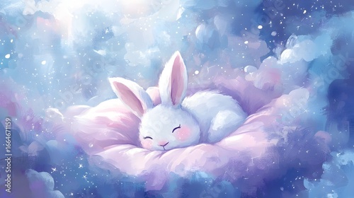A rabbit is sleeping on a pillow