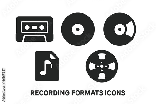 Solid filled vector icons of various recording formats including cassette tape, vinyl record, compact disc, digital audio file, and reel-to-reel tape, modern and vintage media storage symbols