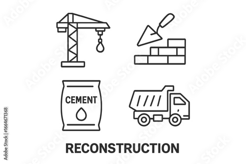 Outline Reconstruction Icon Set with Construction Crane, Bricklaying Trowel, Cement Bag, and Dump Truck Illustrations for Building and Rebuilding Concepts