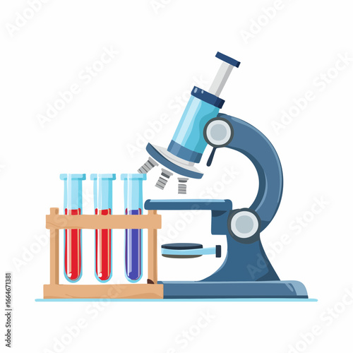 Cartoon microscope with test tubes filled with red and blue liquid