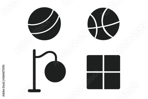 Recreational balls icons set, solid filled vector of handball, kickball, tetherball, foursquare ball, sports equipment vector illustration on transparent background