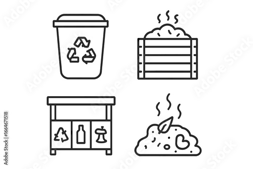 Recycling and Composting Tools Icons Set, Outline Vector Illustration of Recycling Bin, Compost Bin, Sorting Station, and Organic Compost Heap for Environmental Sustainability