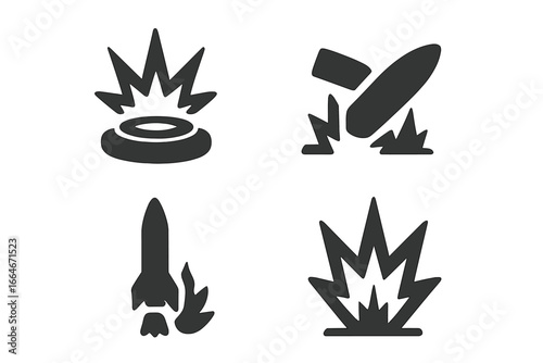 Military Explosive Icons Set, Solid Filled Vector Illustrations of Landmine Detonation, Artillery Shell Impact, Missile Launch, and Explosion Strike on Transparent Background