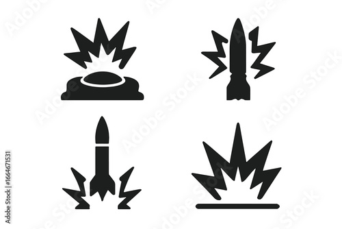Military Explosive Icons Set, Solid Filled Vector of Detonations, Landmine, Artillery Shell, Missile Strike, Explosion Symbols, Tactical Combat Illustration Transparent