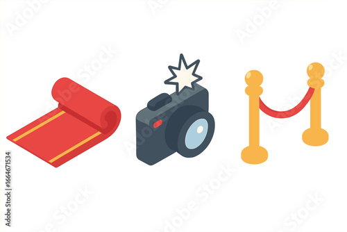 Isometric Red Carpet Icons Set with Event Attire, Paparazzi Camera Flash, Velvet Rope Stanchion, Glamorous VIP Entrance Vector Illustration on Transparent Background