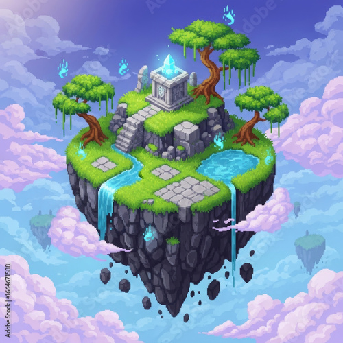 Generative AI Pixel Art Floating Island Shrine Pixel art Floating island Trees Waterfall Fantasy Sky Clouds Isometric Video game Pixelated 8-bit 16-bit Cliff Water Grass - Unique Design