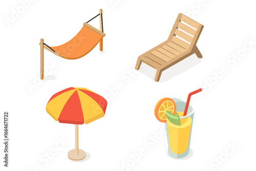 Isometric Relaxation Icon Set with Hammock, Lounge Chair, Beach Umbrella, and Tropical Drink - Leisure, Summer, Vacation, Outdoor Comfort Vector Illustration on Transparent Background