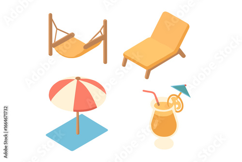 Isometric Flat Icon Set of Relaxation and Leisure with Hammock, Lounge Chair, Beach Umbrella, and Tropical Drink Vector Illustration for Summer and Vacation Concepts