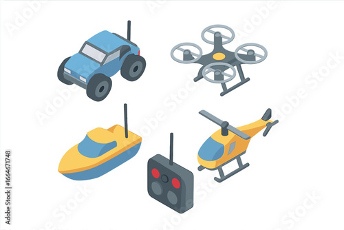 Isometric flat icon set of remote control toy vehicles including RC car, RC drone, RC boat, and RC helicopter with remote controller, vector illustration on transparent background