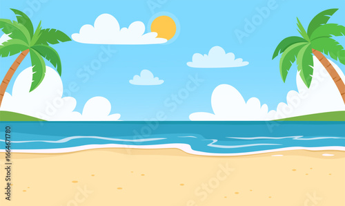 Summer Beach Scene with Palm Trees Ocean Waves Sand and Sky Vector Illustration