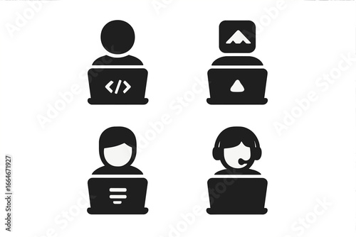 Remote job icons set solid filled vector illustration of software developer, graphic designer, content writer, customer support, work from home roles