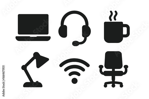 Remote Work Essentials Solid Filled Icon Set with Laptop, Headset, Coffee Mug, Desk Lamp, Office Chair, WiFi Symbol Vector Illustration on Transparent Background