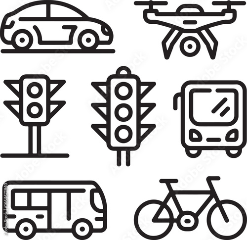 Transportation Icons with Cars Drone Traffic Lights Buses and Bicycle vehicle quadcopter