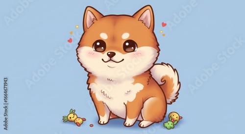 Generative AI Cute Shiba Inu Cartoon Character Shiba inu Dog Illustration Kawaii Puppy Pet Animal Orange White Fur Eyes Smile Tail Toys Blue background Sitting Ears - Download Now