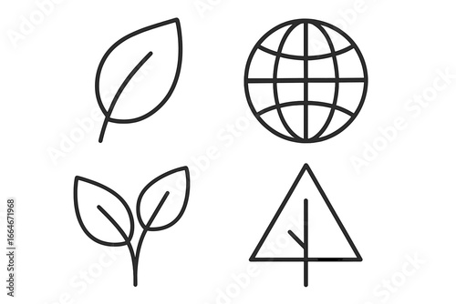 Minimal Eco Icons Set of 4, Outline Style, Simple Leaf and Twin Leaf, Thin-Lined Globe Earth, Geometric Triangle Tree, Vector Illustration for Sustainability and Green Branding