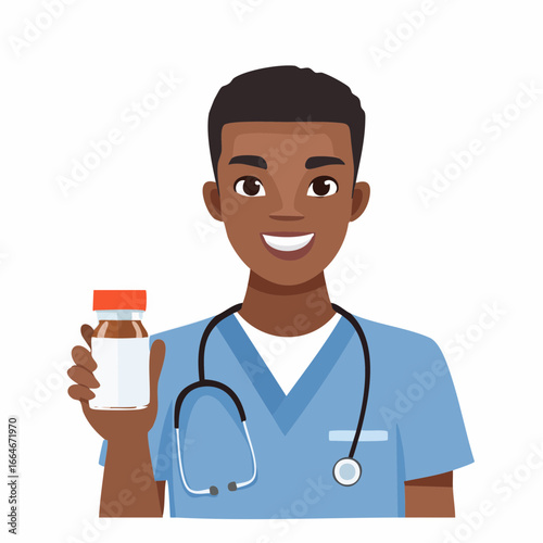 Smiling African American Male Doctor Holding Medicine Bottle