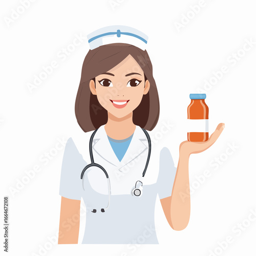Smiling Nurse Holding Orange Medicine Bottle with Blank Label in Hand