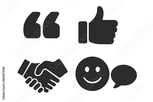 Respect Icons Grid Solid Filled Icon Set of Respectful Language Quotation Marks, Thumbs Up Gesture, Handshake Agreement, Smiley Face and Speech Bubble Vector Illustration Transparent Background