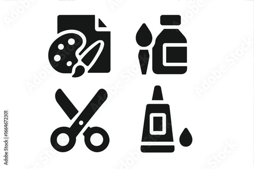 Mixed media art icons set of 4, solid black vector symbols featuring paint palette and brush, ink bottle with brush, cutting scissors, glue tube, creative crafting tools illustration
