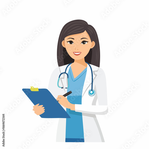 Smiling female doctor in white coat writing on blue clipboard