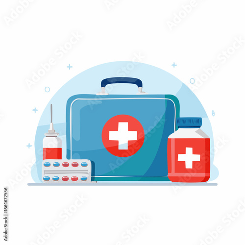 Illustrated First Aid Kit with Medical Supplies for Emergency Treatment