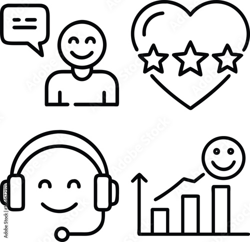 A collection of line art icons representing customer feedback, positive reviews, customer service, and performance metrics.