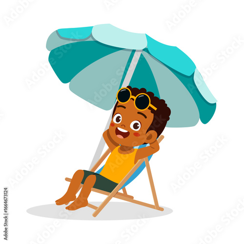 Happy African American Boy Relaxing on Beach Chair Under Umbrella with Sunglasses Smiling