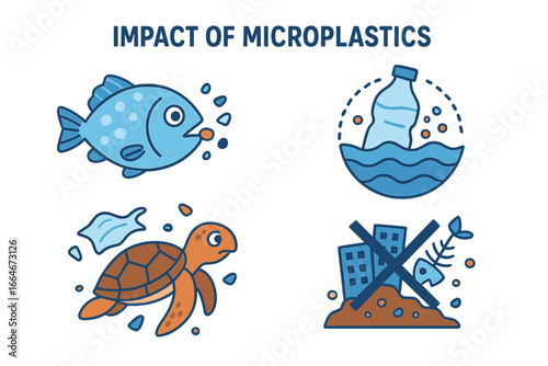 Understanding the Impact of Microplastics on Marine Life and Environment, Pollution Effects on Fish, Turtles, Ocean, and Ecosystem, Cartoon Vector Illustration
