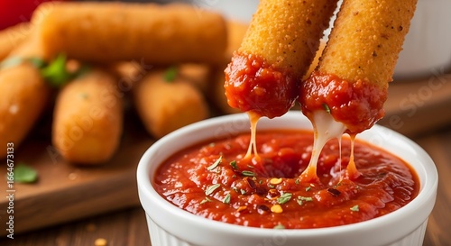 Crispy mozzarella sticks dipped in rich marinara sauce delicious appetizer
