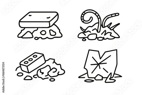 Rubble debris icon set with concrete slab metal rebar twisted broken brick shattered glass outline vector illustration transparent background construction demolition waste destruction elements