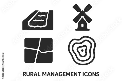 Solid filled rural management icons set including irrigation channel, windmill, field boundary, topographic map lines, land and agriculture vector illustration