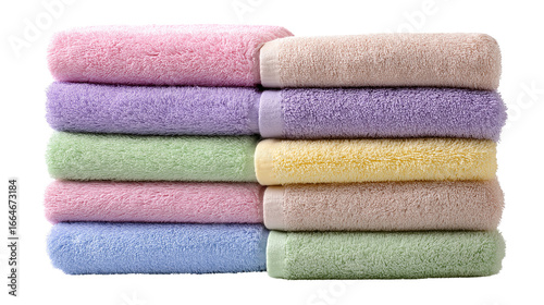 stack of neatly folded pastel towels, isolated on white background, household stock photo