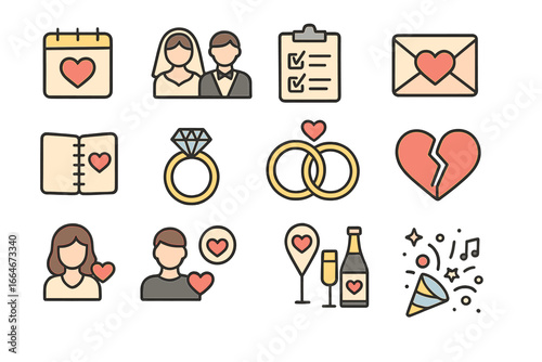 Various icons representing wedding planning activities, love symbols, romantic celebration elements, engagement rings, invitations, and party essentials in minimalist cartoon style vector illustration