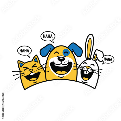 Cartoon illustration of a cat, dog, and rabbit laughing together, with speech bubbles.
