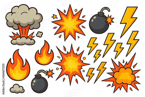 Colorful illustrated explosive symbols including smoke clouds, fire flames, lightning bolts, bombs, and blasts in vibrant vector cartoon style, dynamic graphic design elements