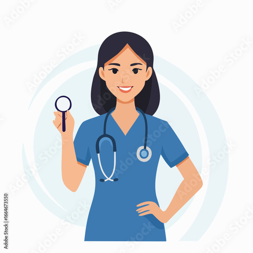 Smiling Female Doctor Holding Magnifying Glass and Stethoscope