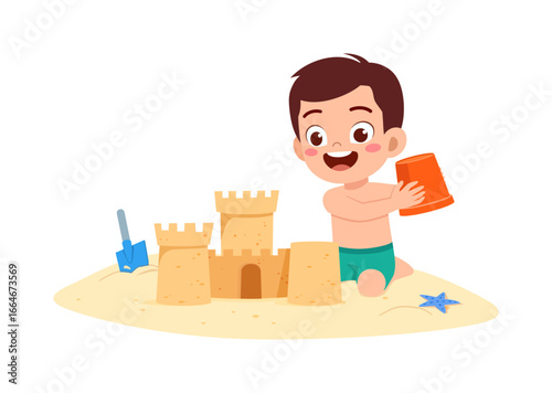 Happy young boy building a sandcastle on the beach playing with bucket and shovel cartoon style