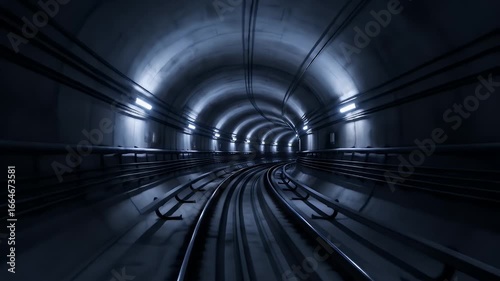 Smooth forward movement through a dark and futuristic curved subway tunnel with cool blue lighting illuminating the empty railway tracks