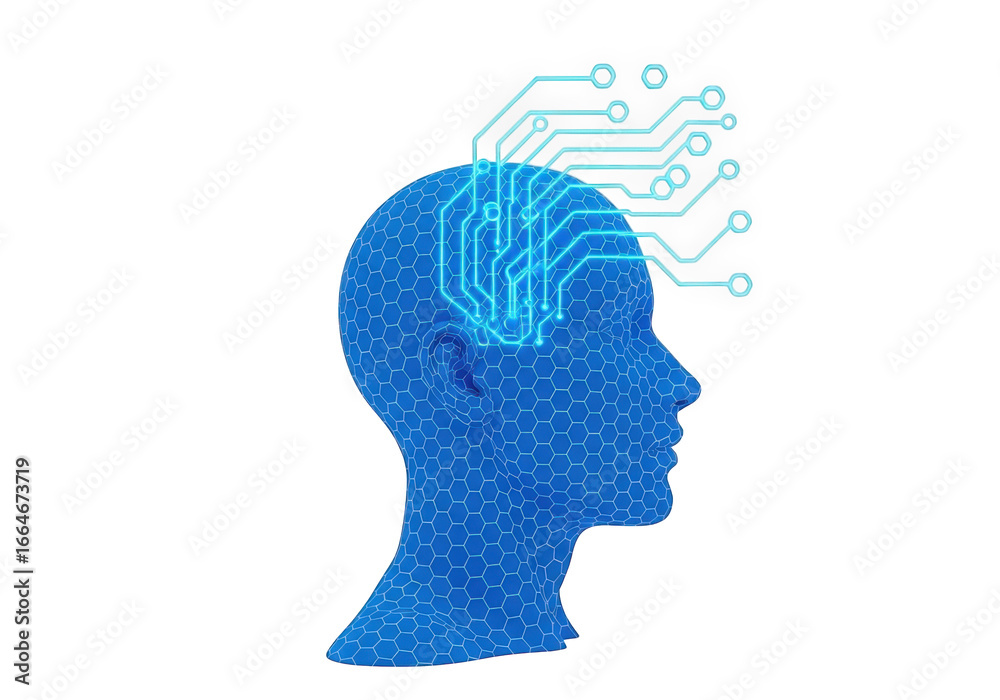 Obraz premium Futuristic 3D Render of a Human Head with Integrated Circuitry, Representing Artificial Intelligence, Neural Networks, and Advanced Technology Concepts